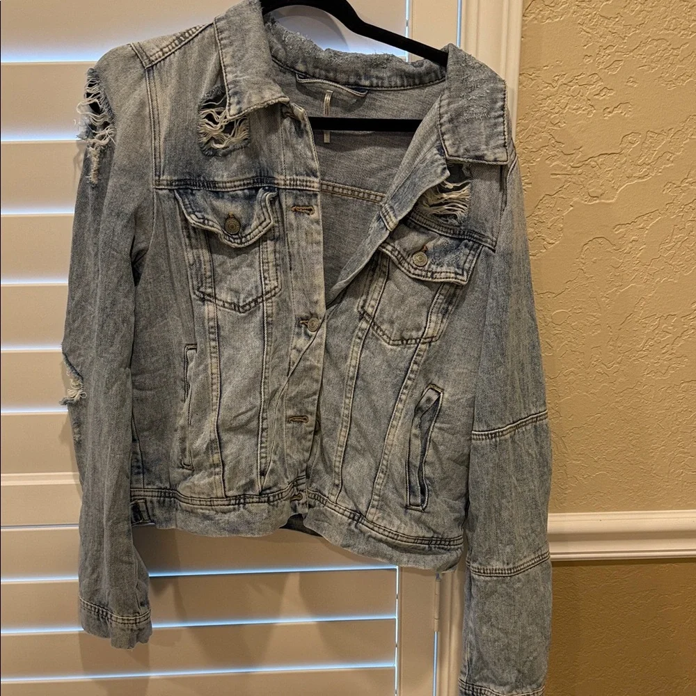 Free People Light Blue Distressed Denim Jacket